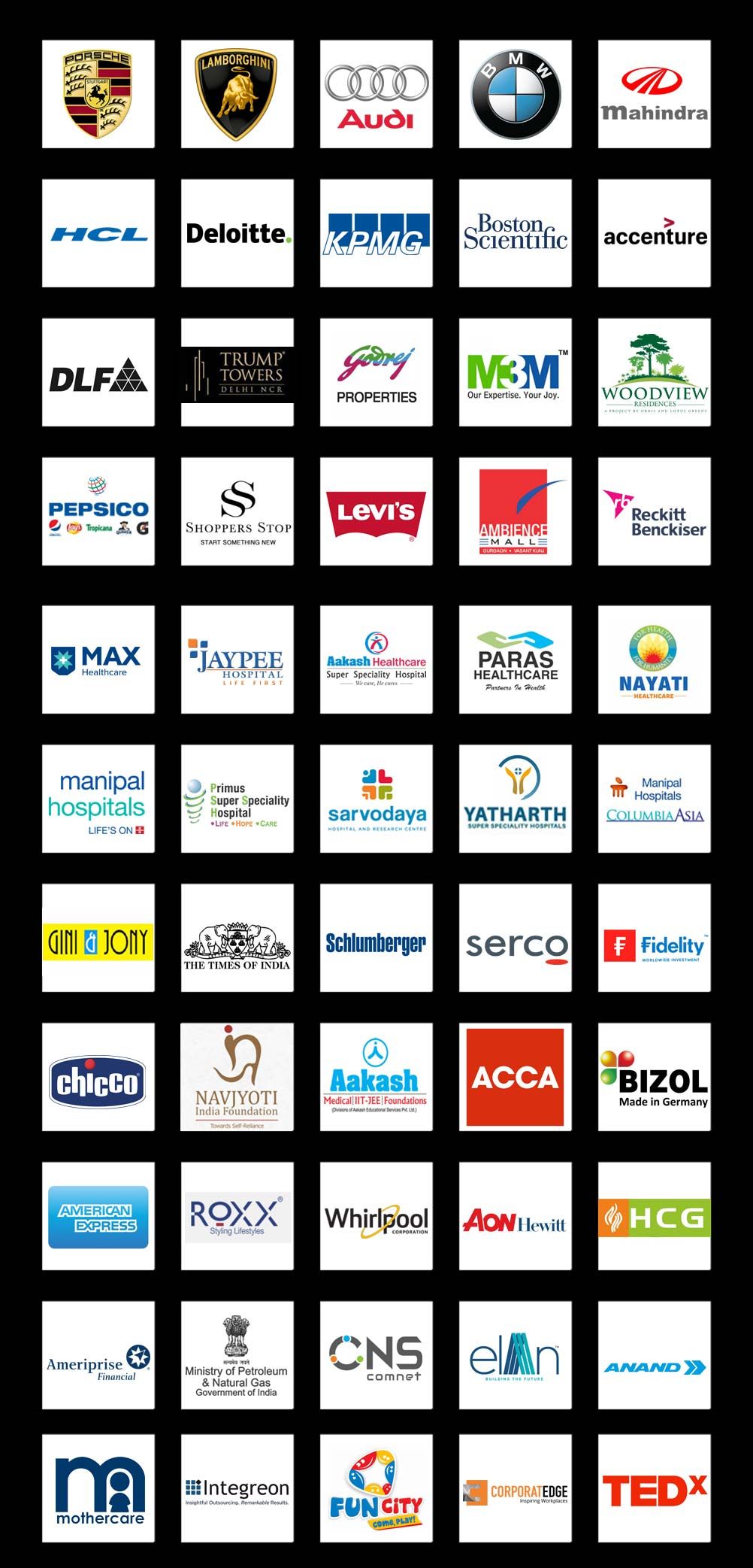 Sartaj Films clients — Porsche, Lamborghini, Audi, BMW, Mahindra, HCL, Deloitte, KPMG, Boston Scientific, Accenture, DLF, Trump Towers, Godrej Properties, M3M, PepsiCo, Levi’s, Max Healthcare, Paras Healthcare and more